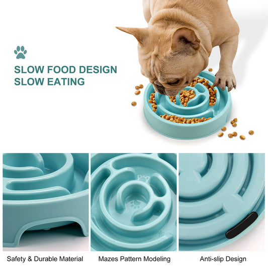 Dog eating slowly from Paws of Britain puzzle slow feeder bowl — blue silicone