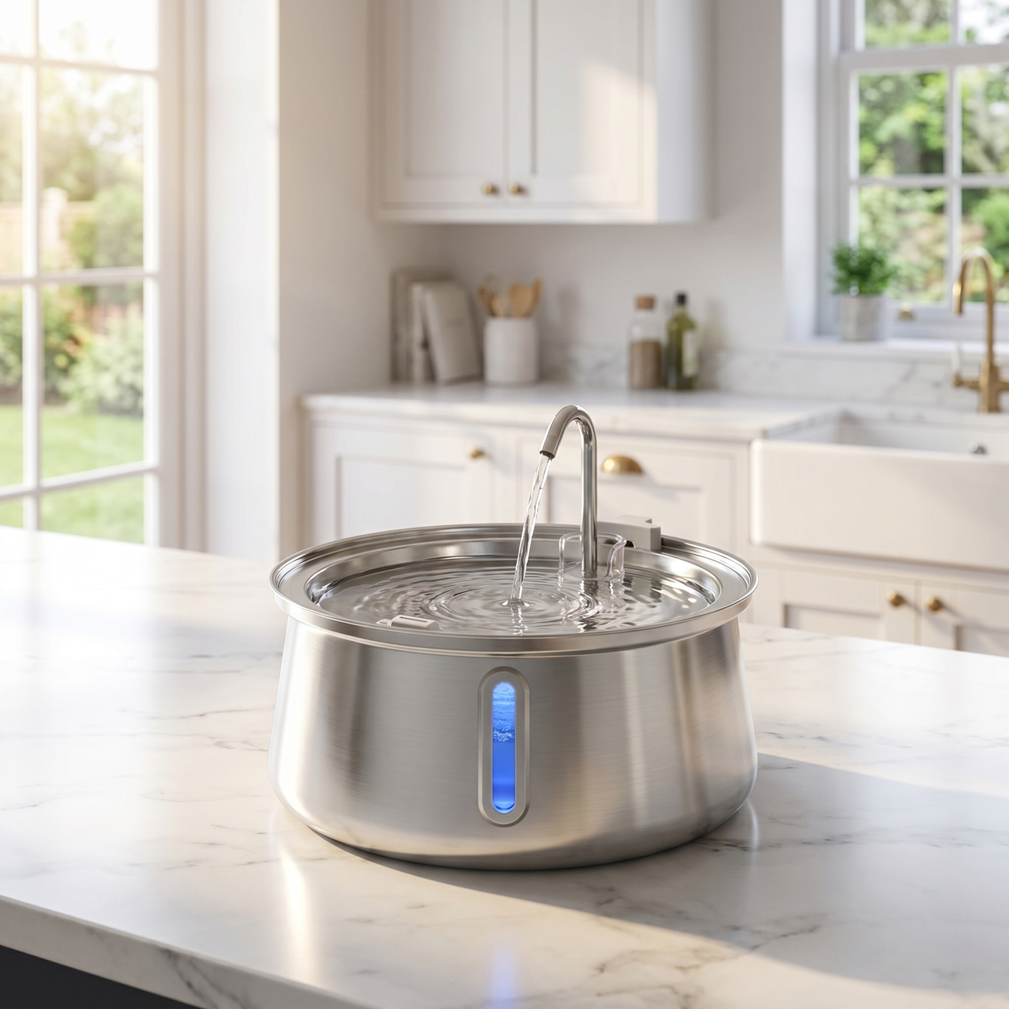 Cat water fountain in British kitchen — quiet automatic pet water dispenser UK