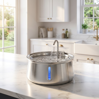 Cat water fountain in British kitchen — quiet automatic pet water dispenser UK