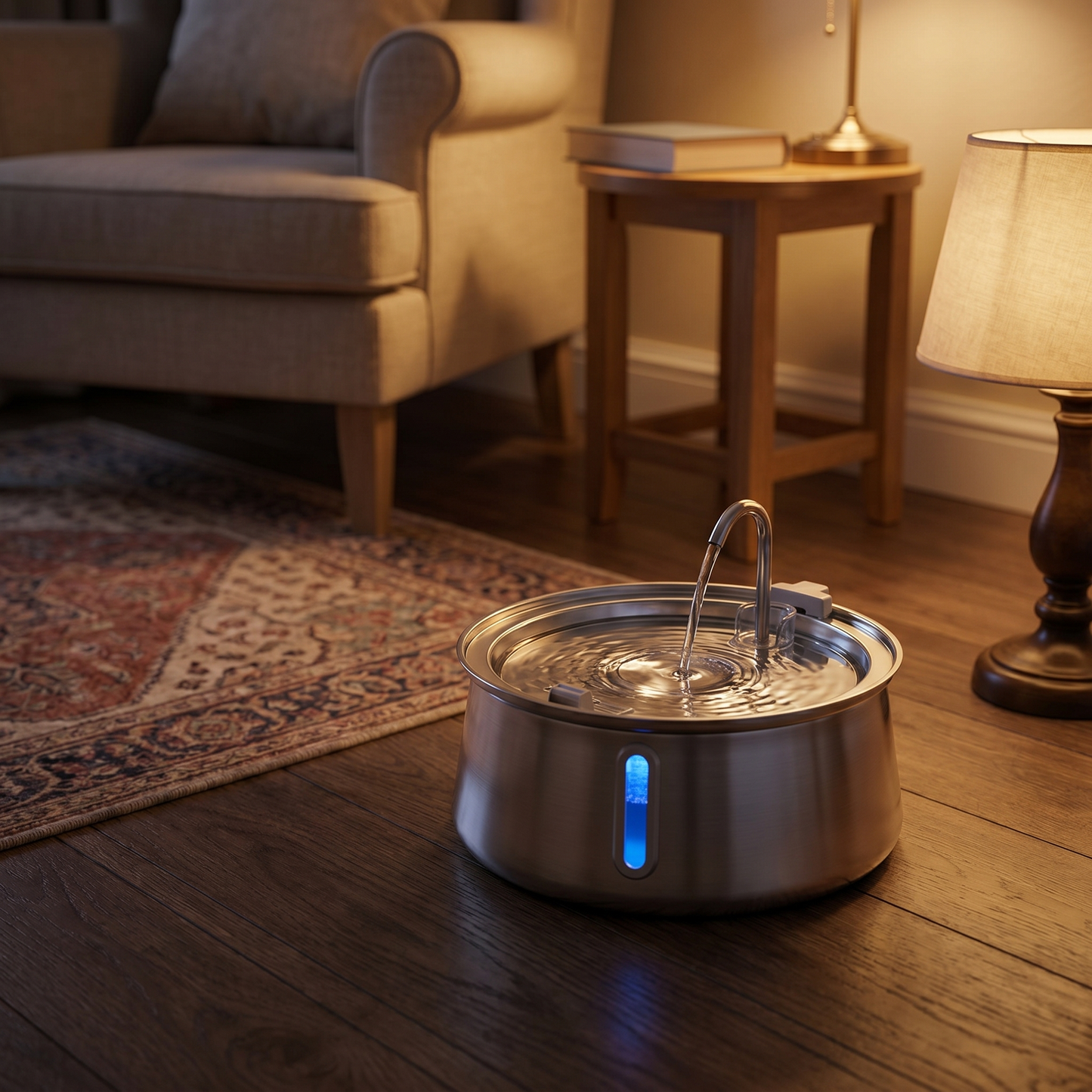 Paws of Britain cat fountain in cosy living room — 4L stainless steel water dispenser