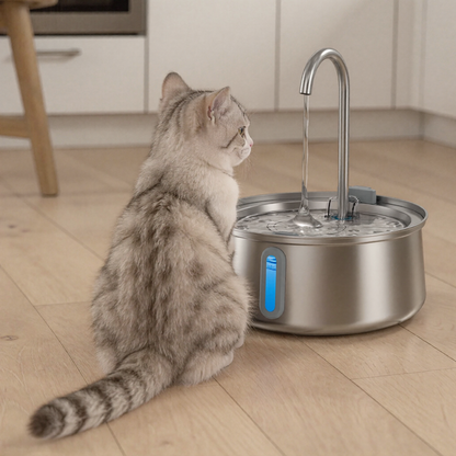 Cat drinking from Paws of Britain automatic water fountain — 4L LED dispenser